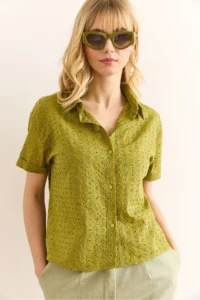 Olalook Women's Oil Green Double Sleeve Scallop Shirt - Image 5