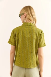 Olalook Women's Oil Green Double Sleeve Scallop Shirt - Image 7