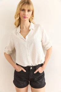 Olalook Women's Black Claret Red Colored Striped Flowy Viscose Shirt