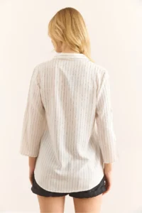 Olalook Women's Black Claret Red Colored Striped Flowy Viscose Shirt - Image 2