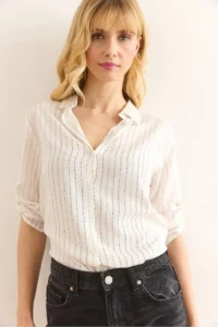 Olalook Women's Black Claret Red Colored Striped Flowy Viscose Shirt - Image 3