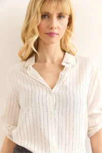 Olalook Women's Black Claret Red Colored Striped Flowy Viscose Shirt - Image 4
