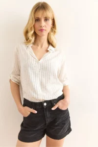 Olalook Women's Black Claret Red Colored Striped Flowy Viscose Shirt - Image 5