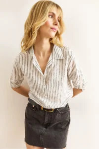 Olalook Women's Black Cut-Striped Flowy Viscose Shirt