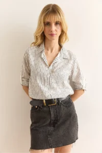 Olalook Women's Black Cut-Striped Flowy Viscose Shirt - Image 3