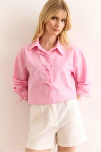 Olalook Women's Pink Lace Detailed Crop Woven Shirt - Image 2