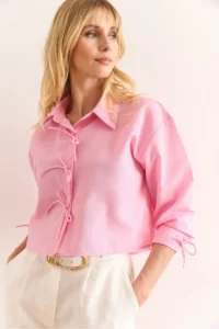 Olalook Women's Pink Lace Detailed Crop Woven Shirt - Image 4
