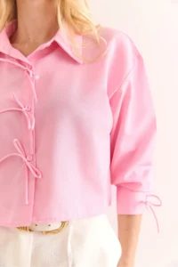 Olalook Women's Pink Lace Detailed Crop Woven Shirt - Image 5
