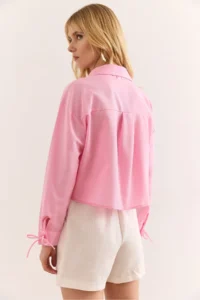 Olalook Women's Pink Lace Detailed Crop Woven Shirt - Image 6