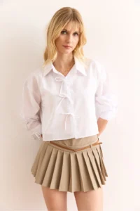 Olalook Women's White Lace Detailed Crop Woven Shirt - Image 2