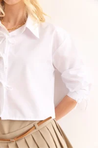 Olalook Women's White Lace Detailed Crop Woven Shirt - Image 5
