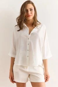 Olalook Women's White Silver Foil Printed Front Short Back Long Loose Shirt