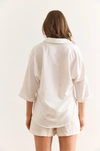 Olalook Women's White Silver Foil Printed Front Short Back Long Loose Shirt - Image 2