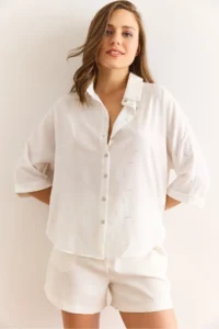 Olalook Women's White Silver Foil Printed Front Short Back Long Loose Shirt - Image 3