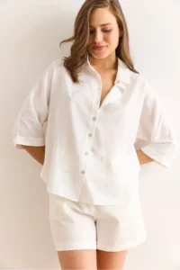 Olalook Women's White Silver Foil Printed Front Short Back Long Loose Shirt - Image 4