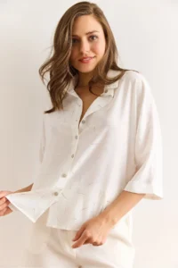 Olalook Women's White Silver Foil Printed Front Short Back Long Loose Shirt - Image 5