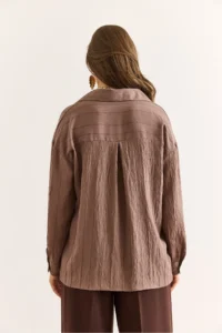 Olalook Women's Mink V-Neck Textured Back Pleated Relaxed Cut Shirt - Image 2