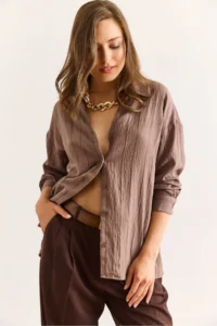 Olalook Women's Mink V-Neck Textured Back Pleated Relaxed Cut Shirt - Image 3