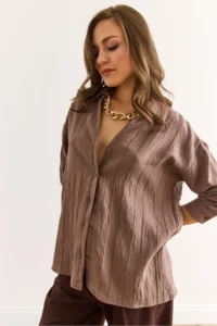 Olalook Women's Mink V-Neck Textured Back Pleated Relaxed Cut Shirt - Image 5