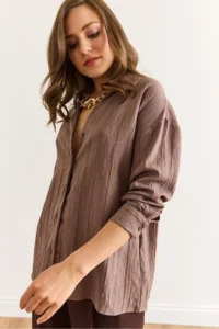 Olalook Women's Mink V-Neck Textured Back Pleated Relaxed Cut Shirt - Image 6
