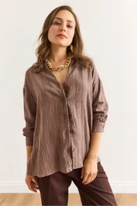 Olalook Women's Mink V-Neck Textured Back Pleated Relaxed Cut Shirt - Image 7