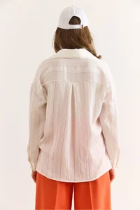 Olalook Women's White V-Neck Textured Back Pleated Casual Cut Shirt - Image 2