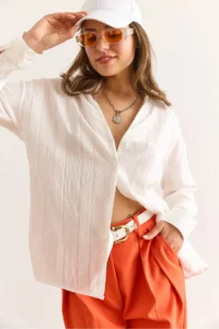 Olalook Women's White V-Neck Textured Back Pleated Casual Cut Shirt - Image 3