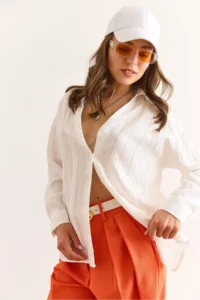 Olalook Women's White V-Neck Textured Back Pleated Casual Cut Shirt - Image 6