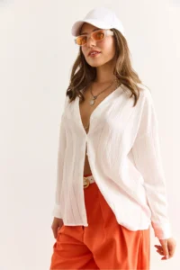 Olalook Women's White V-Neck Textured Back Pleated Casual Cut Shirt - Image 7