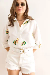 Olalook Women's White Shawl Embroidery Detailed Oversize Ayrobin Shirt