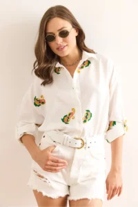 Olalook Women's White Shawl Embroidery Detailed Oversize Ayrobin Shirt - Image 3