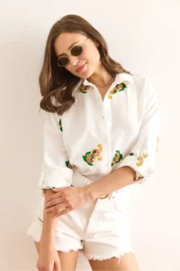 Olalook Women's White Shawl Embroidery Detailed Oversize Ayrobin Shirt - Image 4