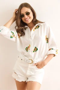 Olalook Women's White Shawl Embroidery Detailed Oversize Ayrobin Shirt - Image 5