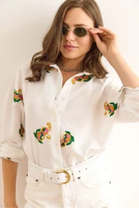 Olalook Women's White Shawl Embroidery Detailed Oversize Ayrobin Shirt - Image 6
