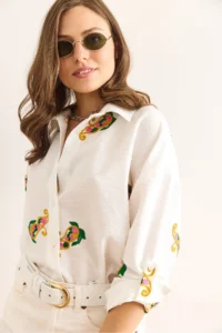 Olalook Women's White Shawl Embroidery Detailed Oversize Ayrobin Shirt - Image 7