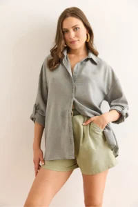 Olalook Women's Green Green Stripe Stone Detailed Oversize Aerobin Shirt - Image 3