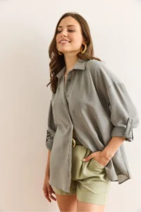 Olalook Women's Green Green Stripe Stone Detailed Oversize Aerobin Shirt - Image 4