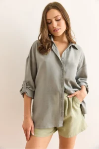 Olalook Women's Green Green Stripe Stone Detailed Oversize Aerobin Shirt - Image 5