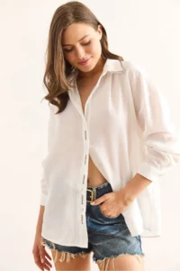 Olalook Women's White Stripe Stone Detailed Oversize Aerobin Shirt