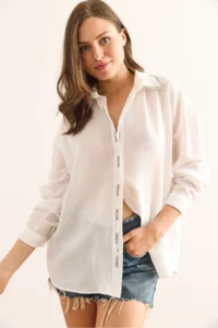 Olalook Women's White Stripe Stone Detailed Oversize Aerobin Shirt - Image 3