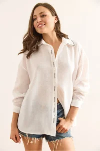 Olalook Women's White Stripe Stone Detailed Oversize Aerobin Shirt - Image 5