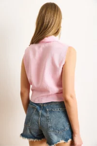 Olalook Women's Pink Six-Tied Transparent Striped Crop Shirt - Image 2