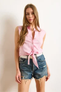 Olalook Women's Pink Six-Tied Transparent Striped Crop Shirt - Image 4
