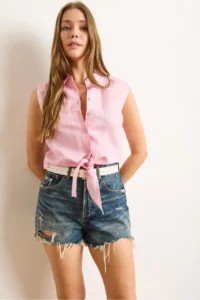 Olalook Women's Pink Six-Tied Transparent Striped Crop Shirt - Image 5