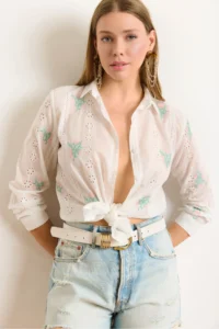 Olalook Women's White Pink Embroidered Stripe Scallop Detailed Shirt