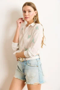 Olalook Women's White Pink Embroidered Stripe Scallop Detailed Shirt - Image 2