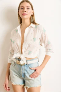 Olalook Women's White Pink Embroidered Stripe Scallop Detailed Shirt - Image 3