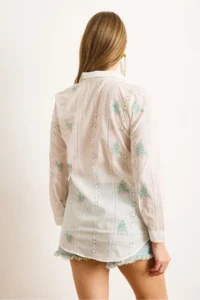 Olalook Women's White Pink Embroidered Stripe Scallop Detailed Shirt - Image 6