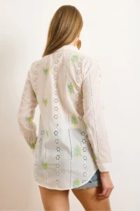 Olalook Women's White Yellow Embroidered Stripe Scallop Detailed Shirt - Image 2