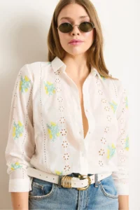 Olalook Women's White Yellow Embroidered Stripe Scallop Detailed Shirt - Image 3